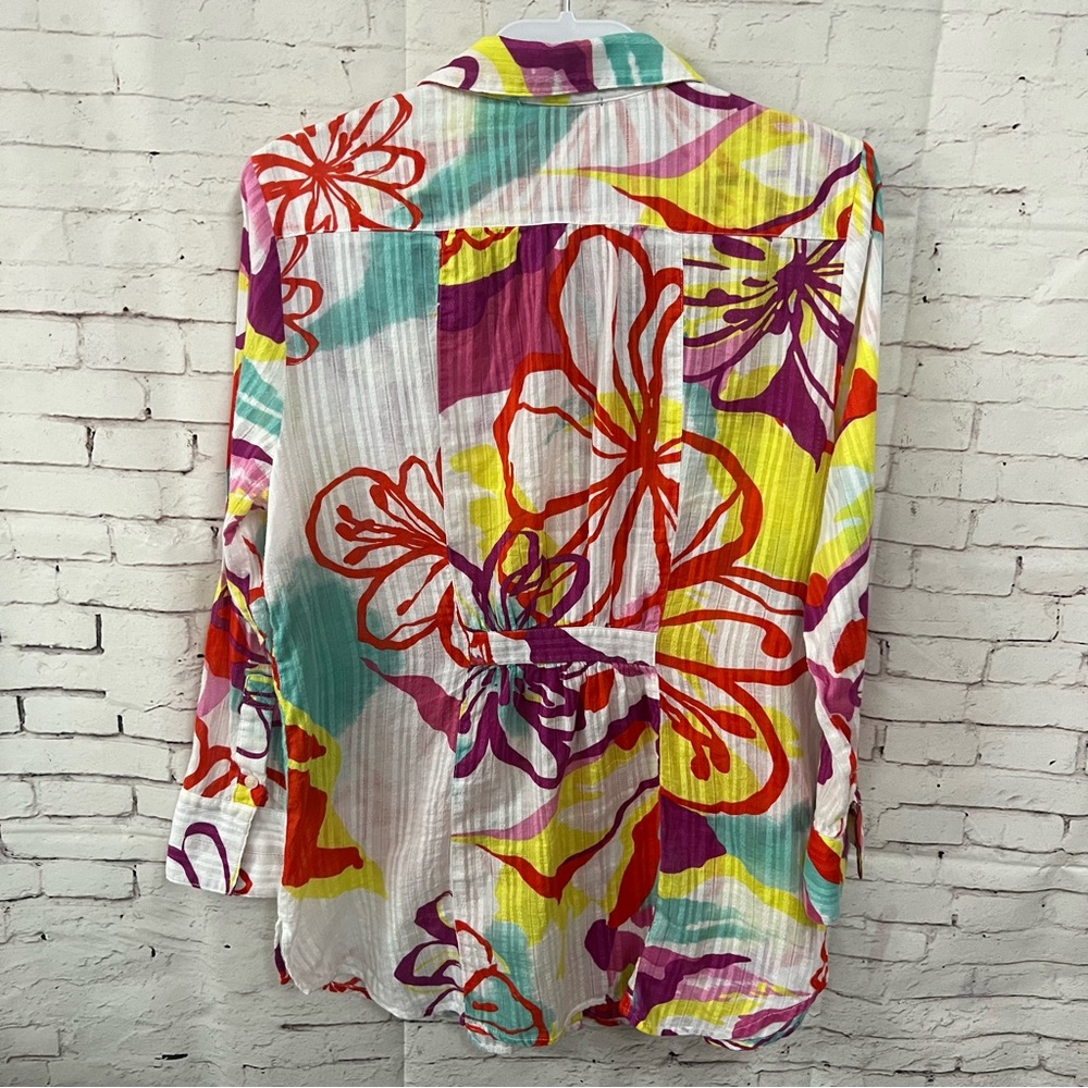 Sharon Young Top Womens Size Colorful Artsy Abstract Floral 3/4 Sleeve Button Up - Picture 2 of 11